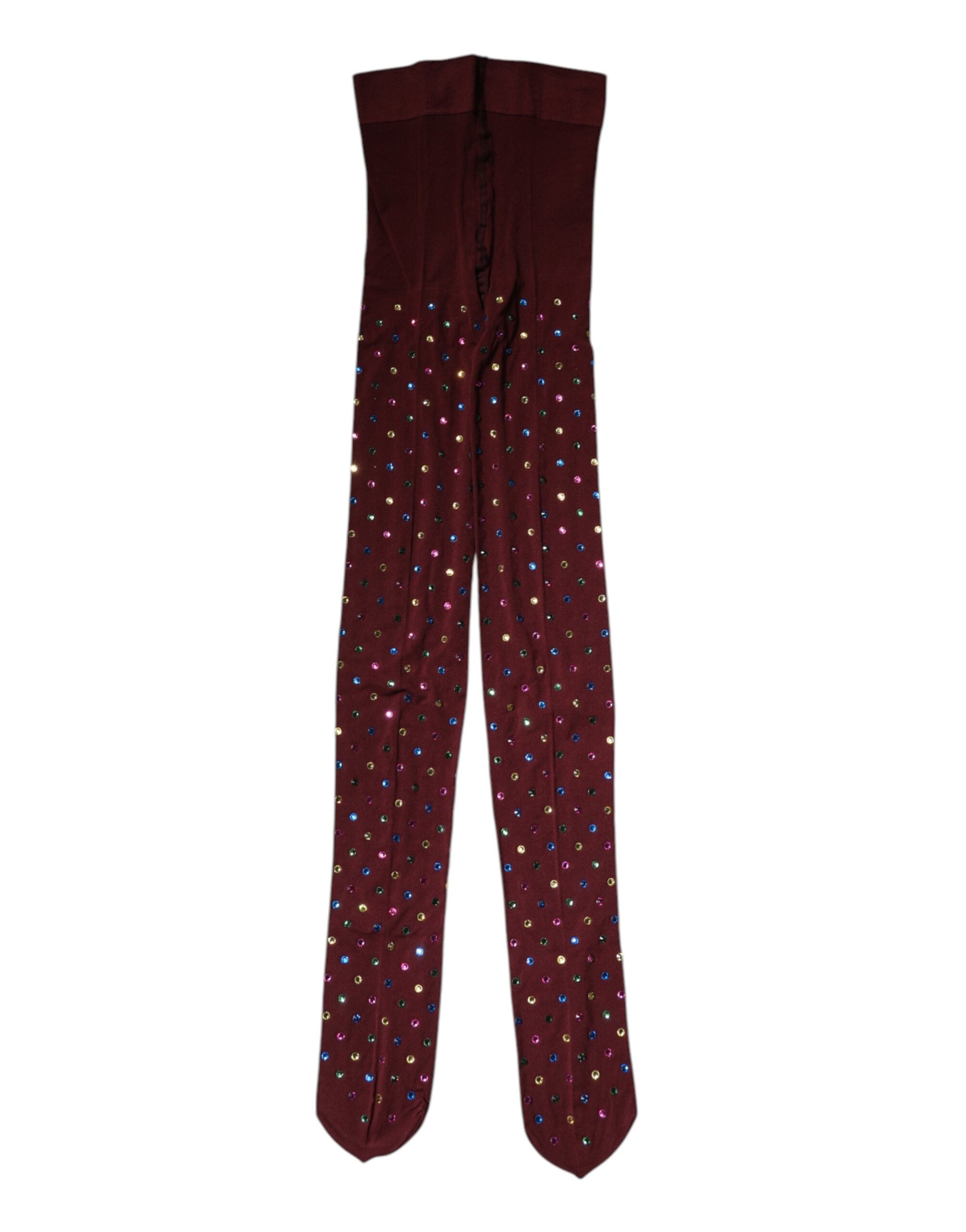 Collants en nylon bordeaux Dolce & Gabbana ornés de cristaux, style élégant et sophistiqué pour femmes.