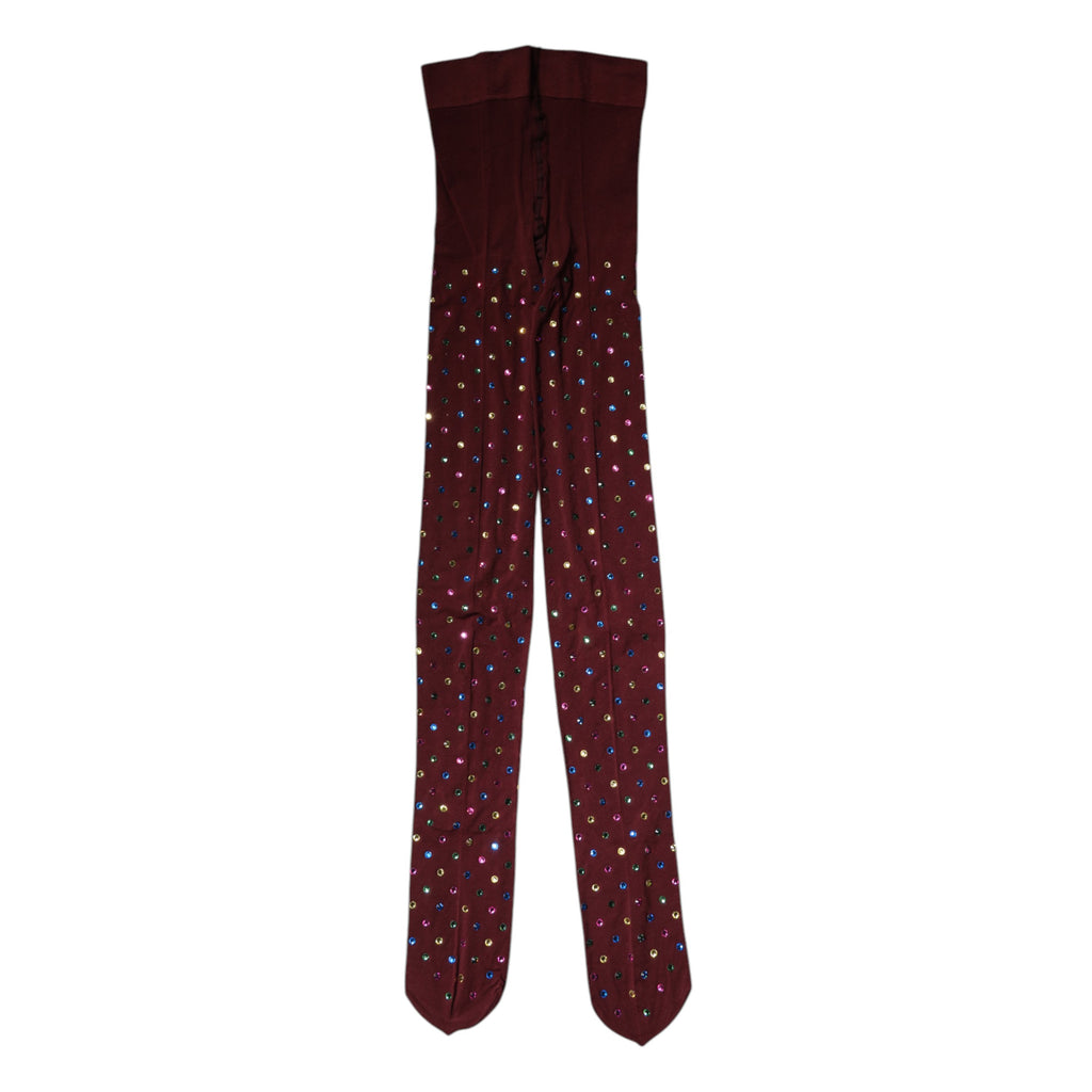 Collants en nylon bordeaux de Dolce & Gabbana ornés de cristaux, finition élégante et sophistiquée.