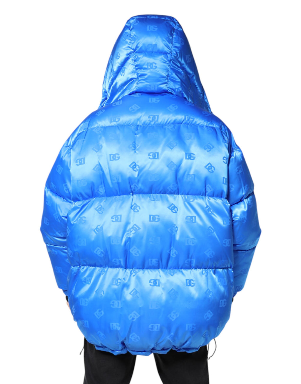 Veste matelassée à capuche Dolce & Gabbana bleu avec logo, fermeture éclair intégrale, style moderne et élégant.