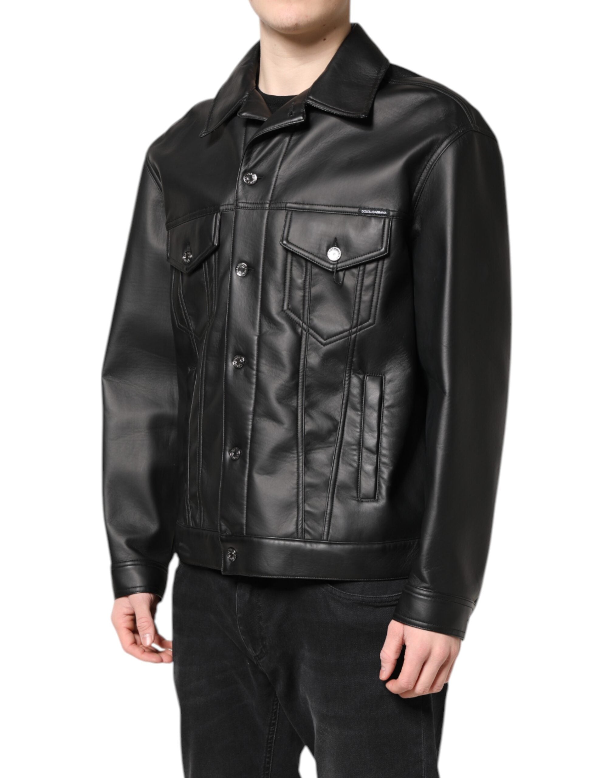 Veste biker noire en polyester Dolce & Gabbana avec boutons, style élégant et moderne.