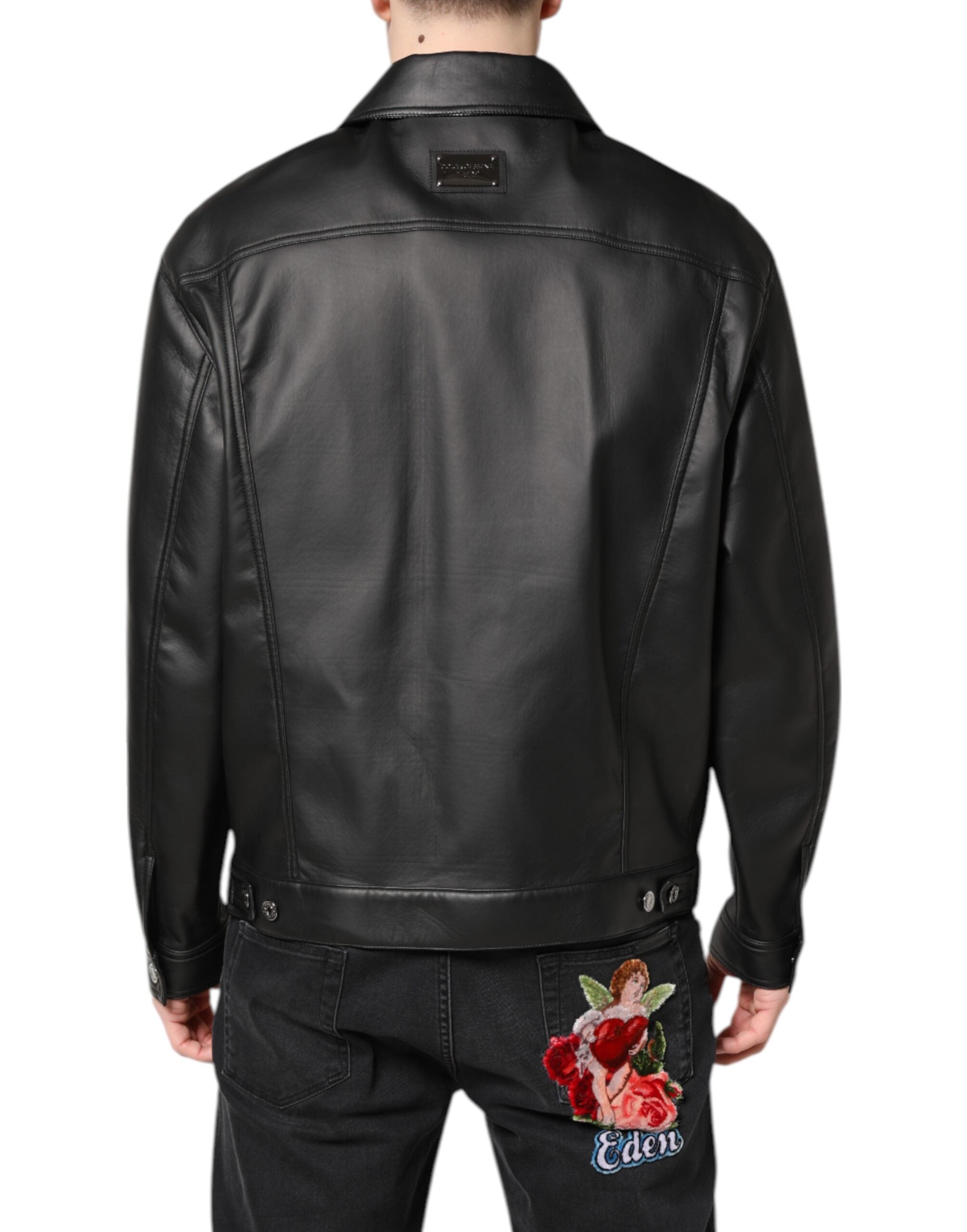 Veste motard en polyester noir de Dolce & Gabbana avec boutons, style élégant et moderne.