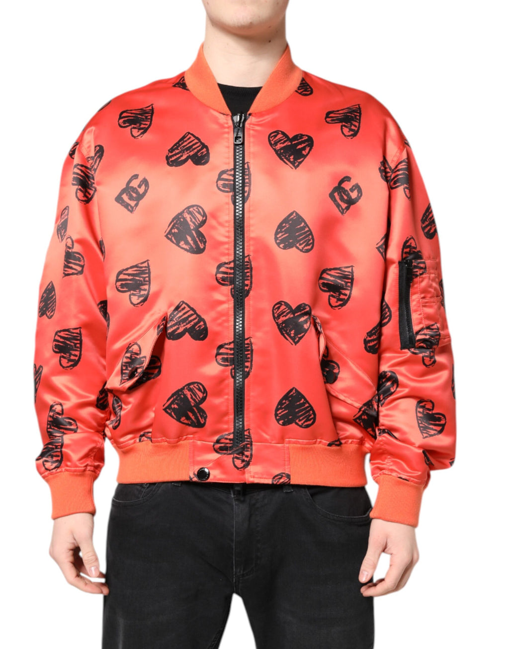 Veste bomber pour homme Dolce & Gabbana Orange DG Heart avec zip complet, tissu léger et design élégant.