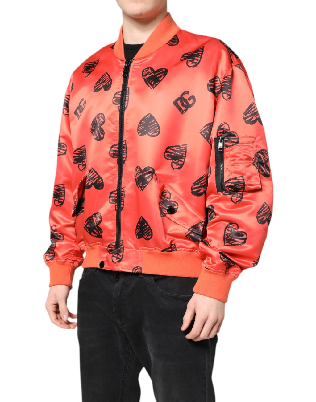 Veste bomber homme Dolce & Gabbana Orange DG Heart avec fermeture éclair complète, style tendance et détails colorés.