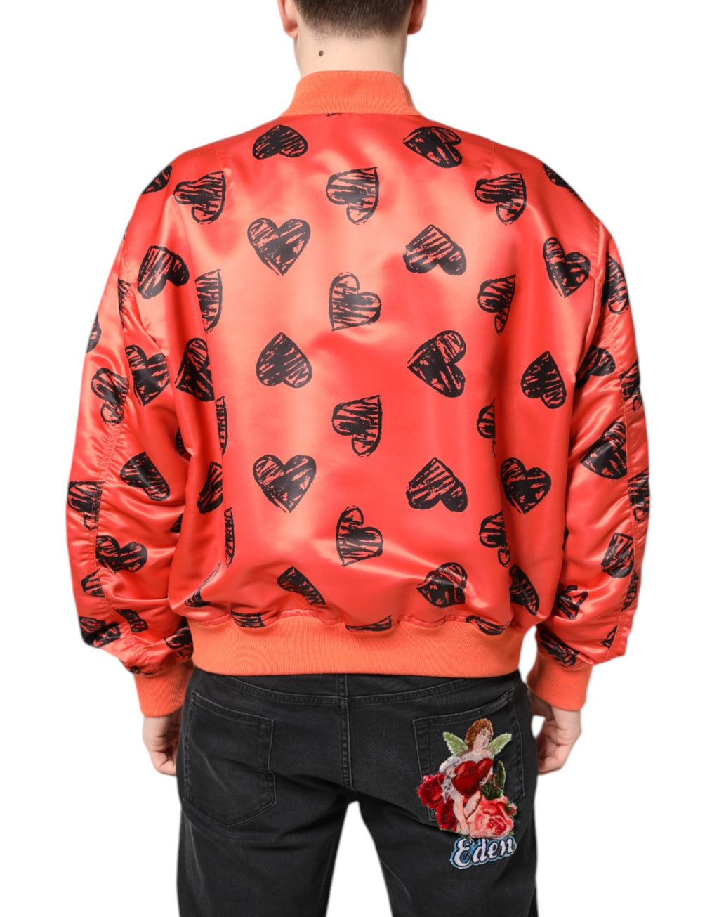 Veste bomber homme Dolce & Gabbana Orange DG Heart à fermeture éclair complète, motif coloré et style tendance.