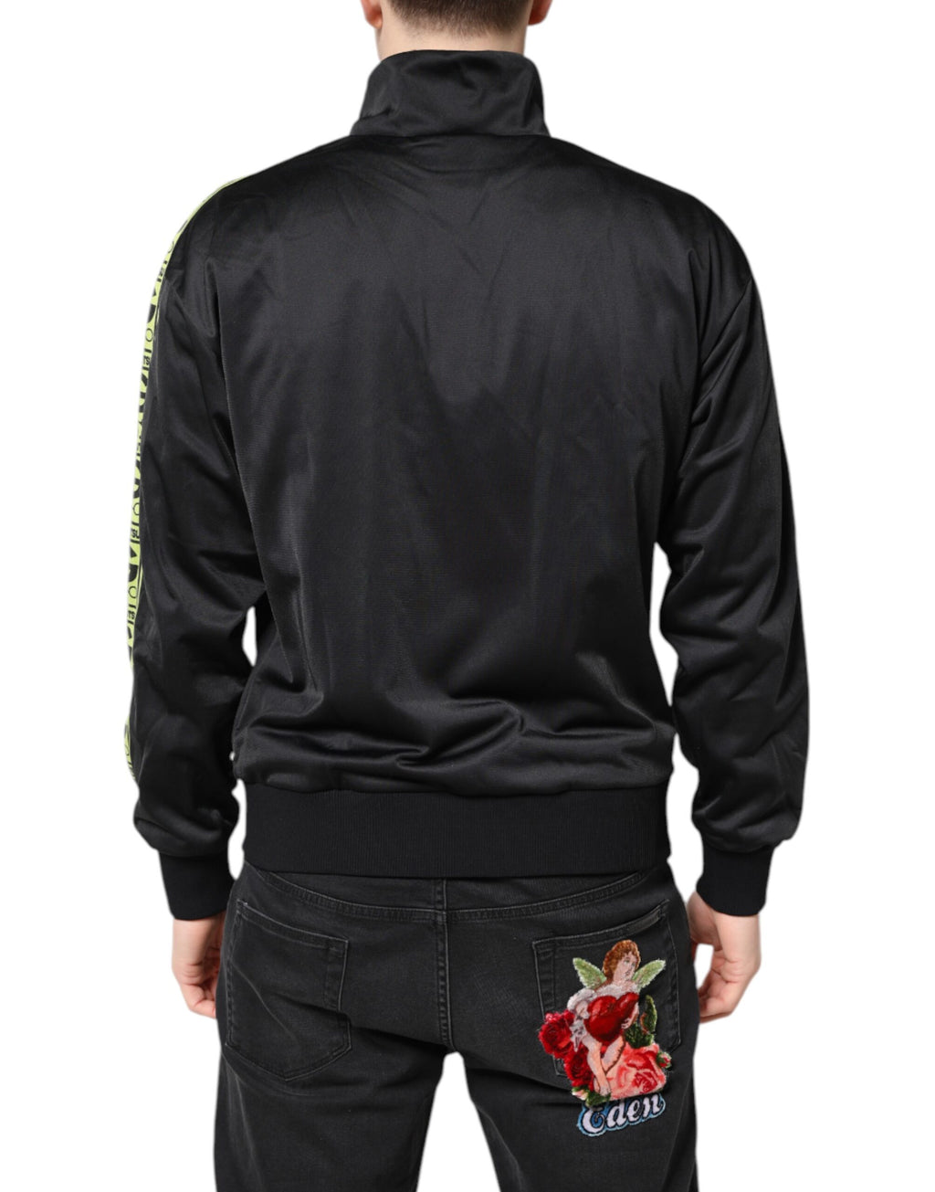 Veste bomber noir Dolce & Gabbana à col roulé avec logo, fermeture éclair et style décontracté.