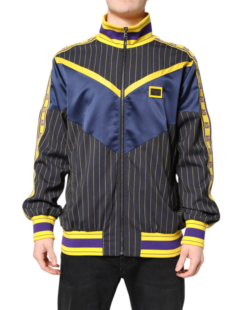 Veste bomber Dolce & Gabbana noire à rayures avec logo, fermeture éclair complète, style décontracté et moderne.