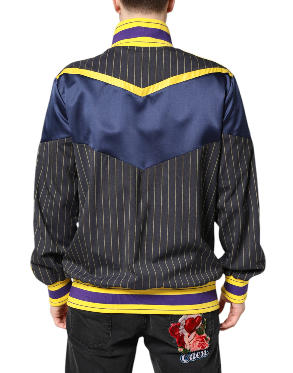 Veste bomber noire à rayures avec logo Dolce & Gabbana, zip complet, style décontracté et tendance pour homme ou femme.