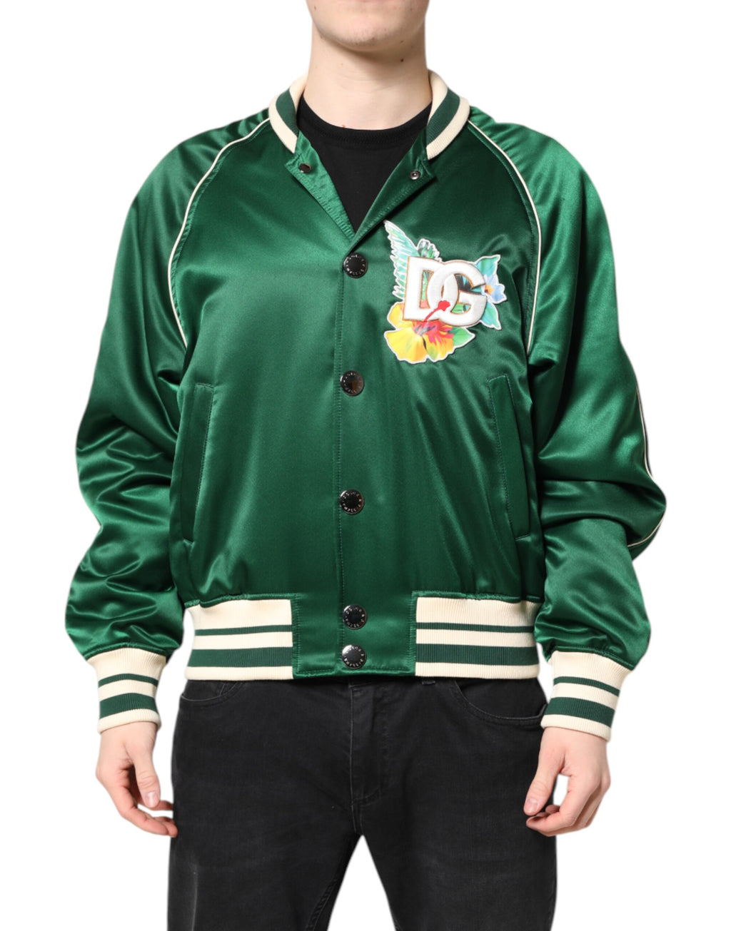 Veste bomber Dolce & Gabbana verte à fleurs avec logo DG, zip complet, motif floral élégant.