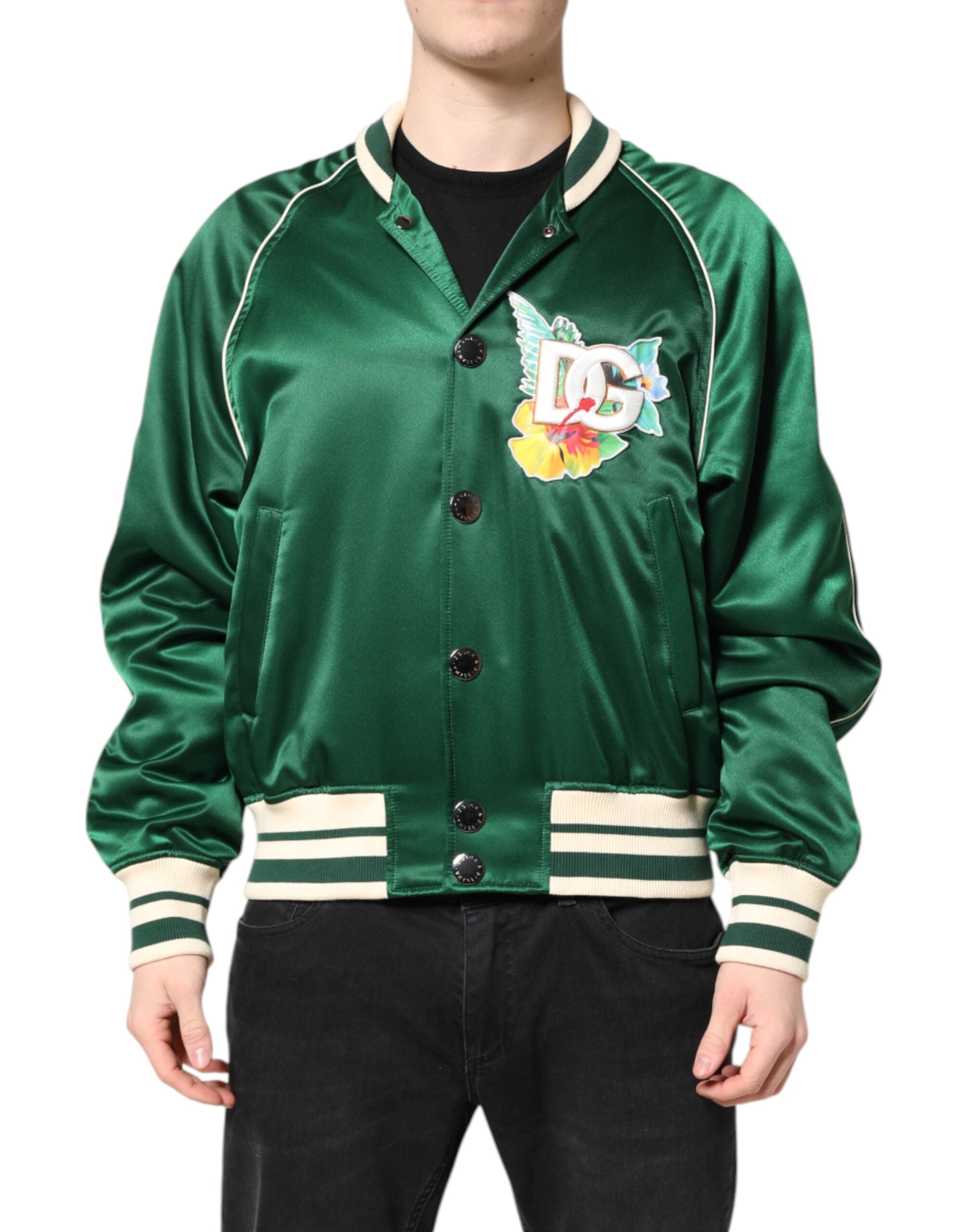 Veste bomber Dolce & Gabbana verte à fleurs avec logo DG, zip complet, motif floral élégant.