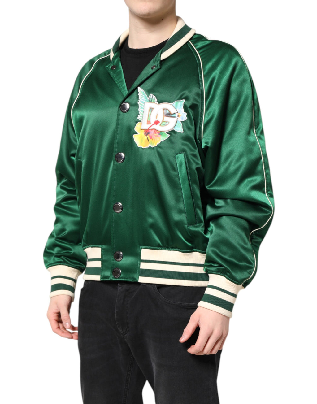 Veste bomber Dolce & Gabbana verte à fleurs avec logo DG, fermeture éclair complète et design élégant.