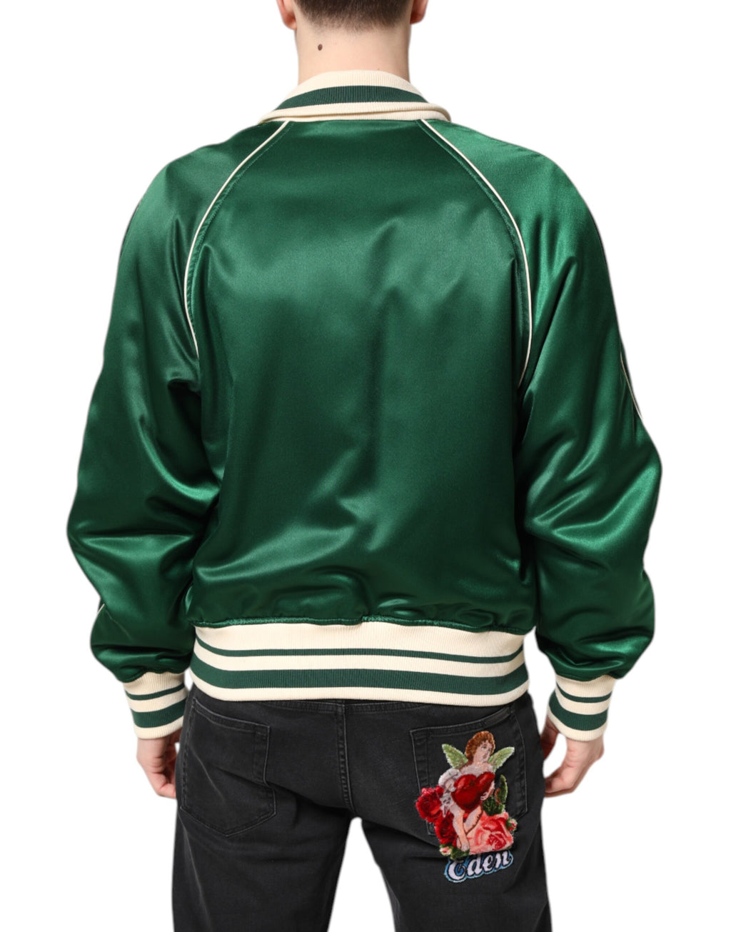 Veste bomber Dolce & Gabbana verte avec logo floral DG, fermeture éclair pleine longueur, motif floral élégant.