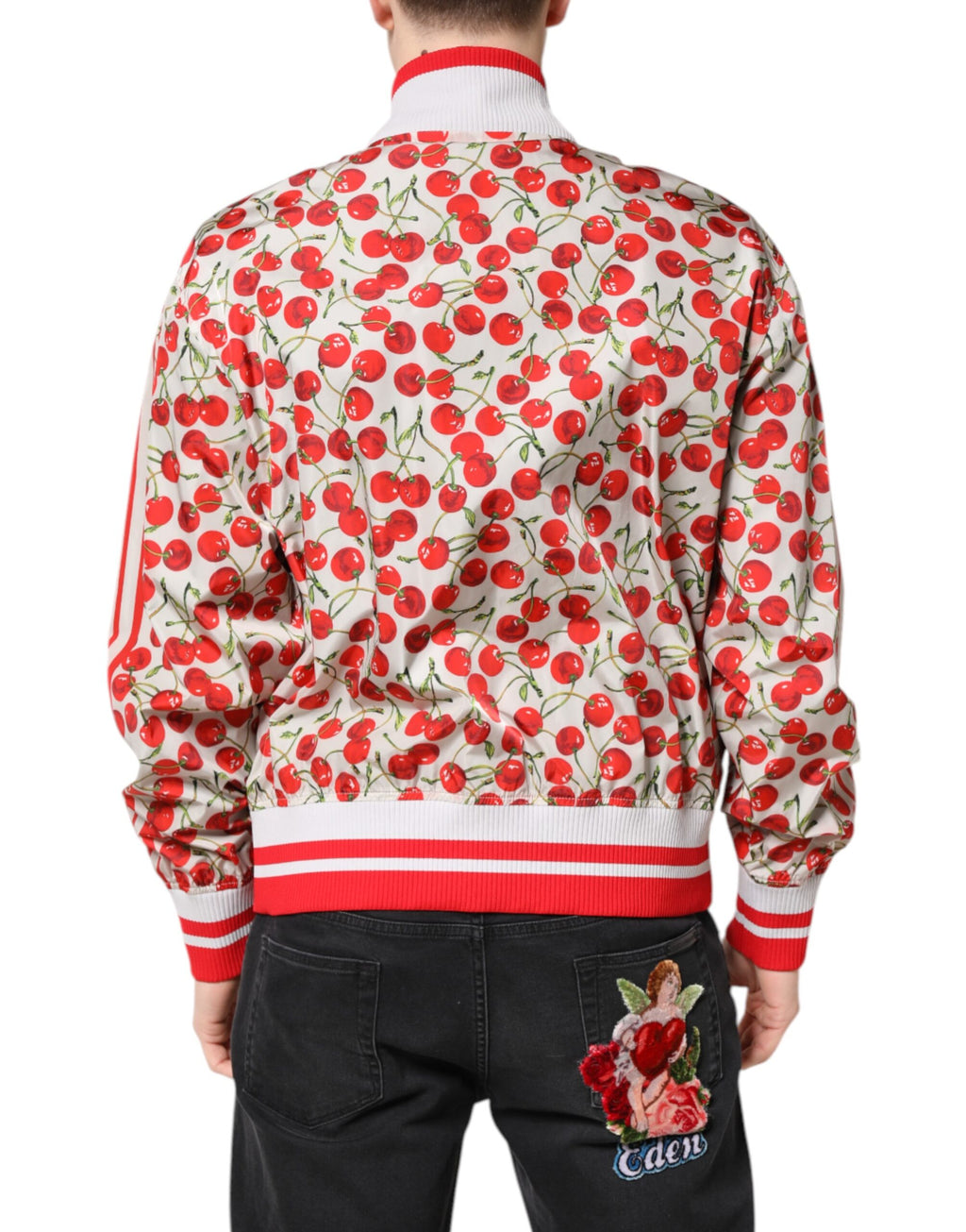 Veste bomber blanche Dolce & Gabbana avec imprimé cerises, fermeture éclair complète et style élégant.