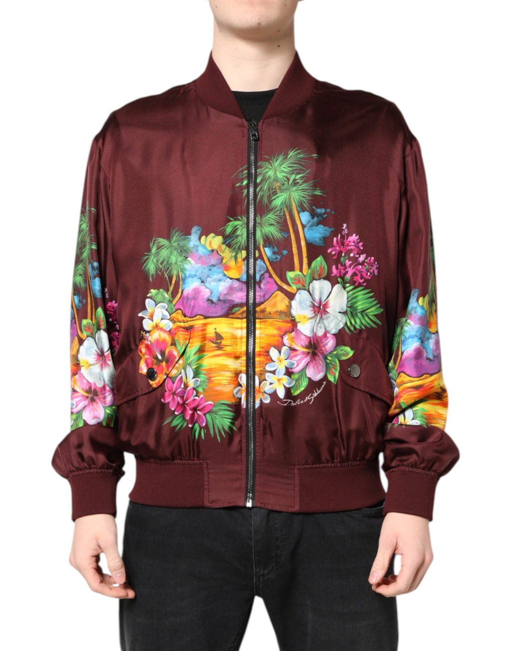 Veste bomber Dolce & Gabbana à fermeture éclair, imprimé floral maroon, style décontracté avec poignets et ourlet côtelés.