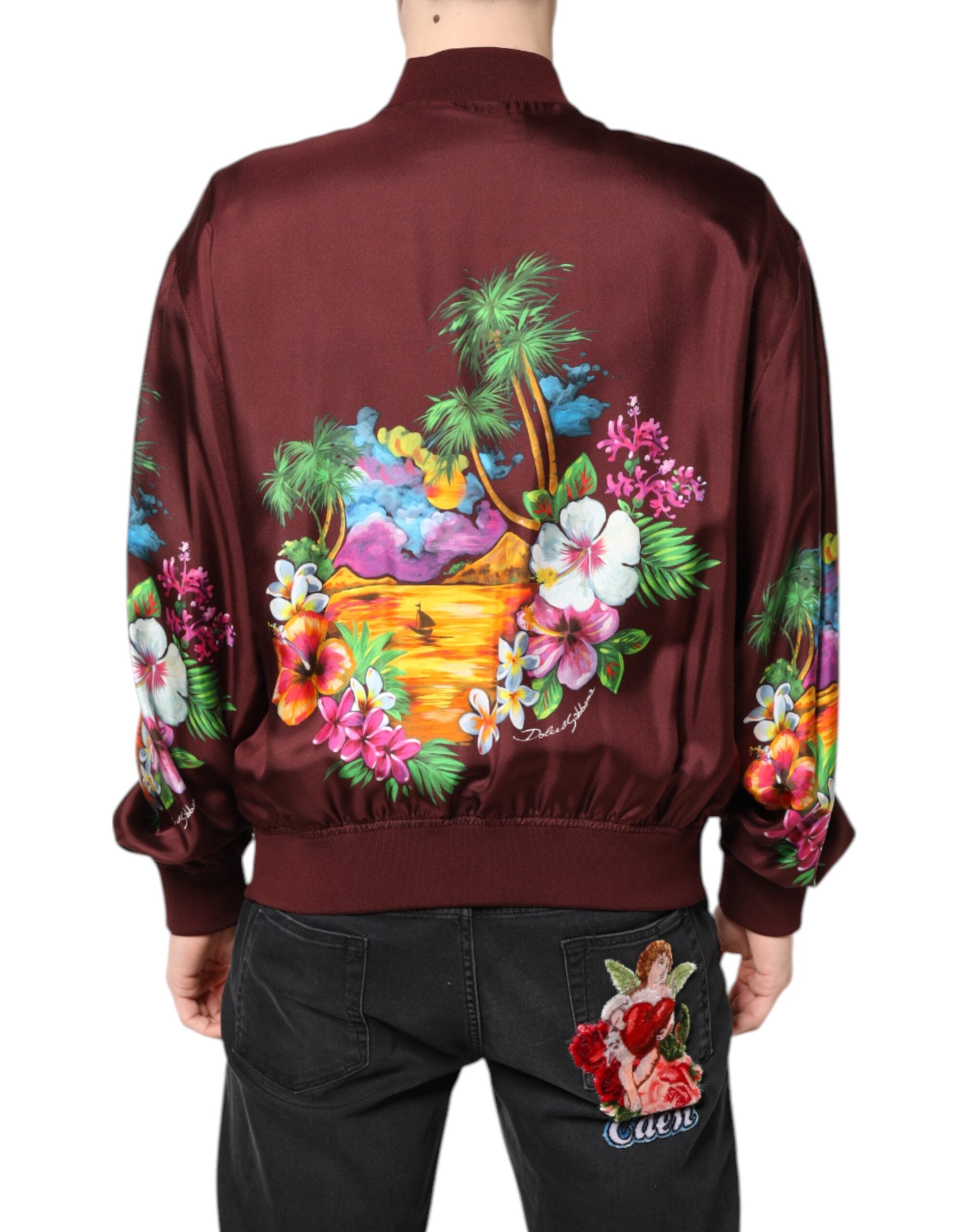 Veste bomber Dolce & Gabbana imprimé floral marron avec fermeture éclair complète, design élégant et tendance.