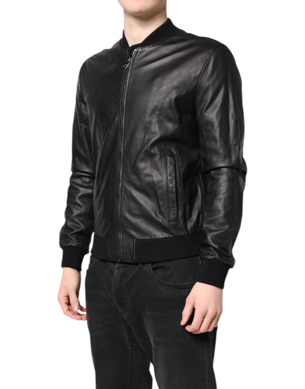 Veste biker en cuir d'agneau noir Dolce & Gabbana avec fermeture éclair complète, style élégant et moderne.
