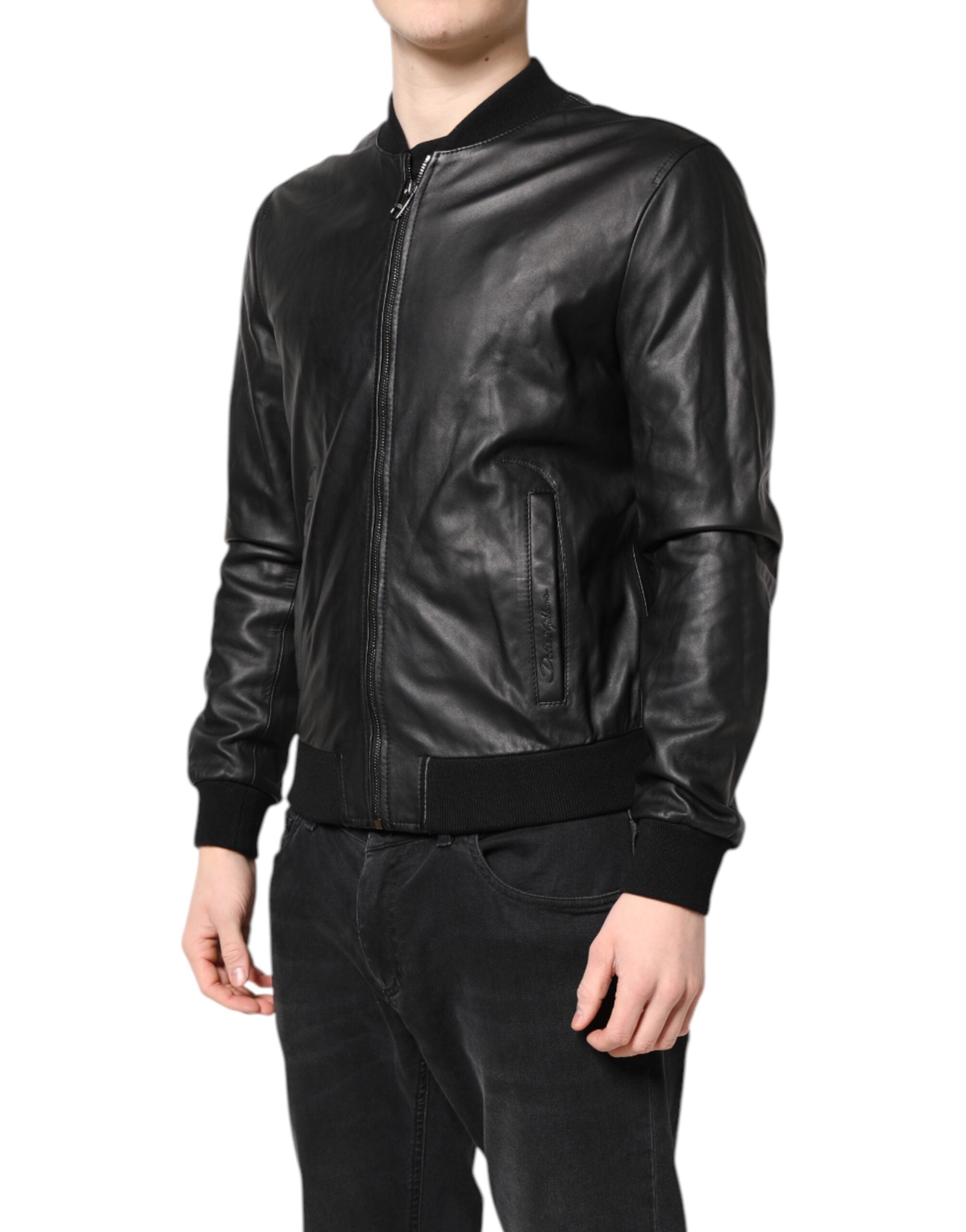 Veste biker en cuir d'agneau noir Dolce & Gabbana avec fermeture éclair complète, style élégant et moderne.