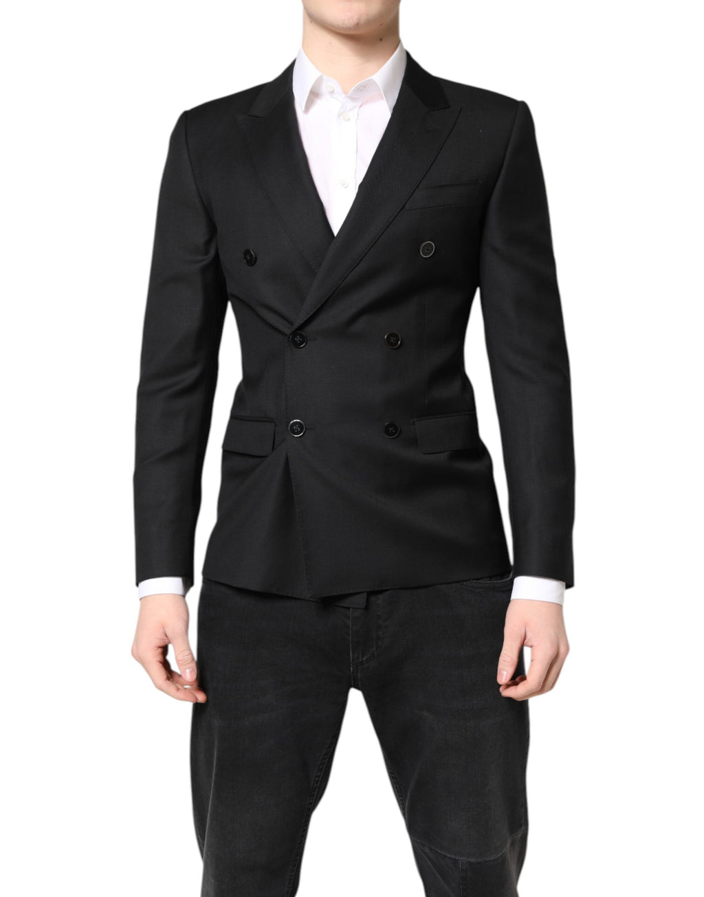 Manteau blazer noir Dolce & Gabbana MARTINI à double boutonnage, élégante coupe classique, porté avec col et poches visibles.