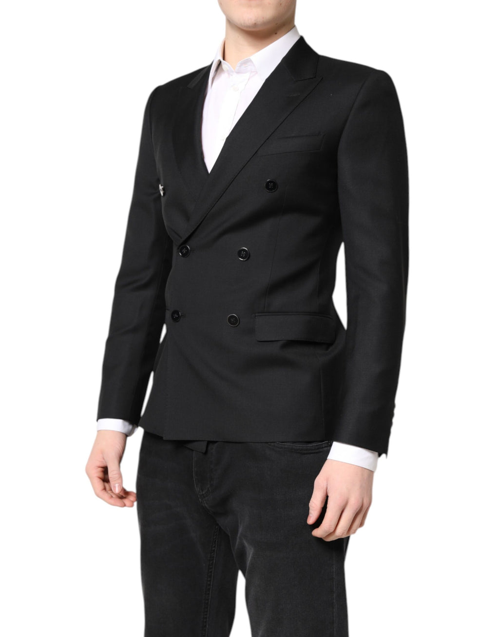 Manteau blazer noir Dolce & Gabbana MARTINI à double boutonnage, élégant et sophistiqué, porté sur un mannequin.