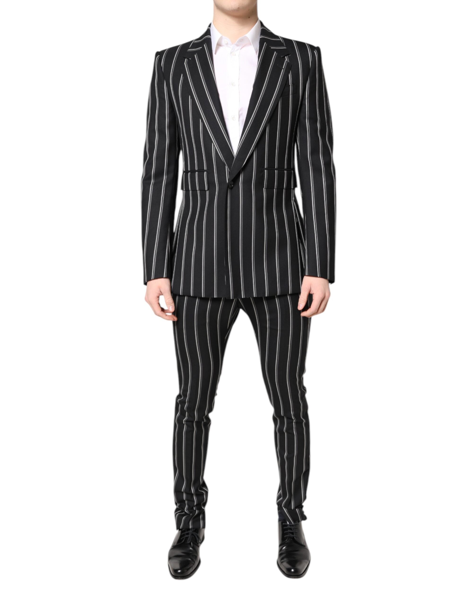 Costume deux pièces Dolce & Gabbana noir à rayures Sicilia formel, veste et pantalon élégants pour homme.