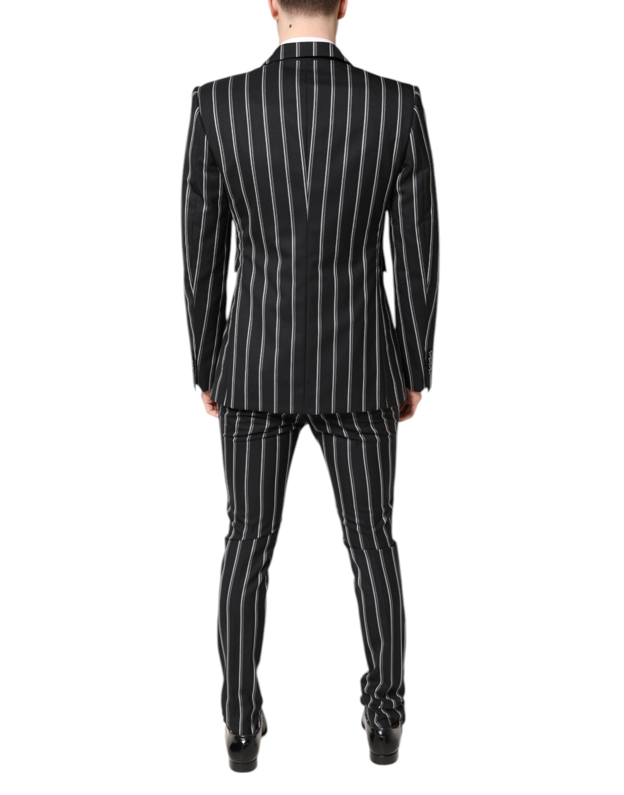 Costume deux pièces noir à rayures avec logo Dolce & Gabbana, élégant et formel pour homme.