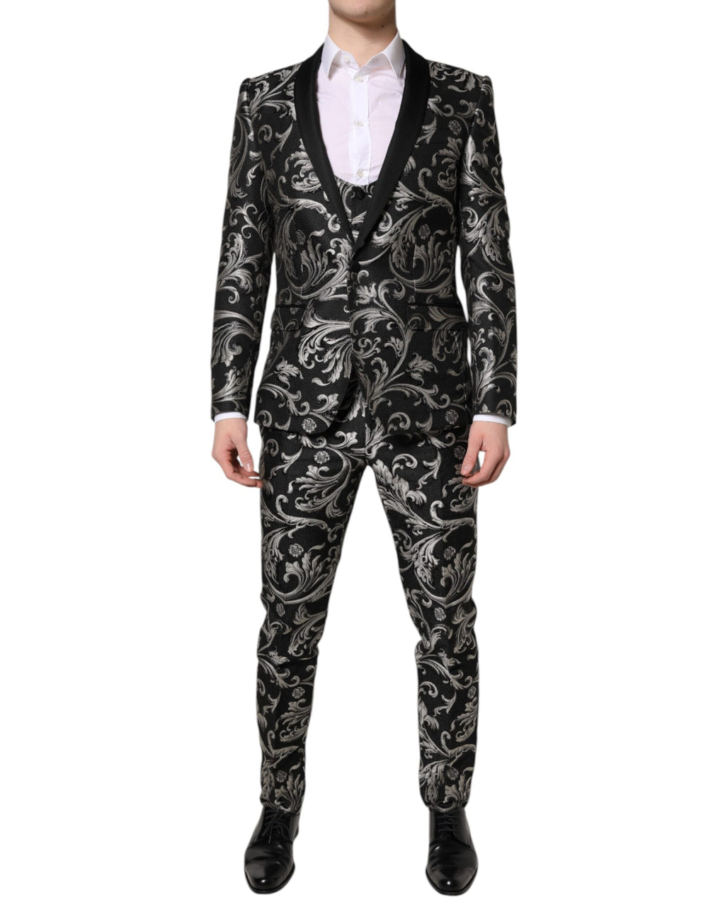 Costume trois pièces Dolce & Gabbana en jacquard noir et gris pour homme, élégant et sophistiqué.