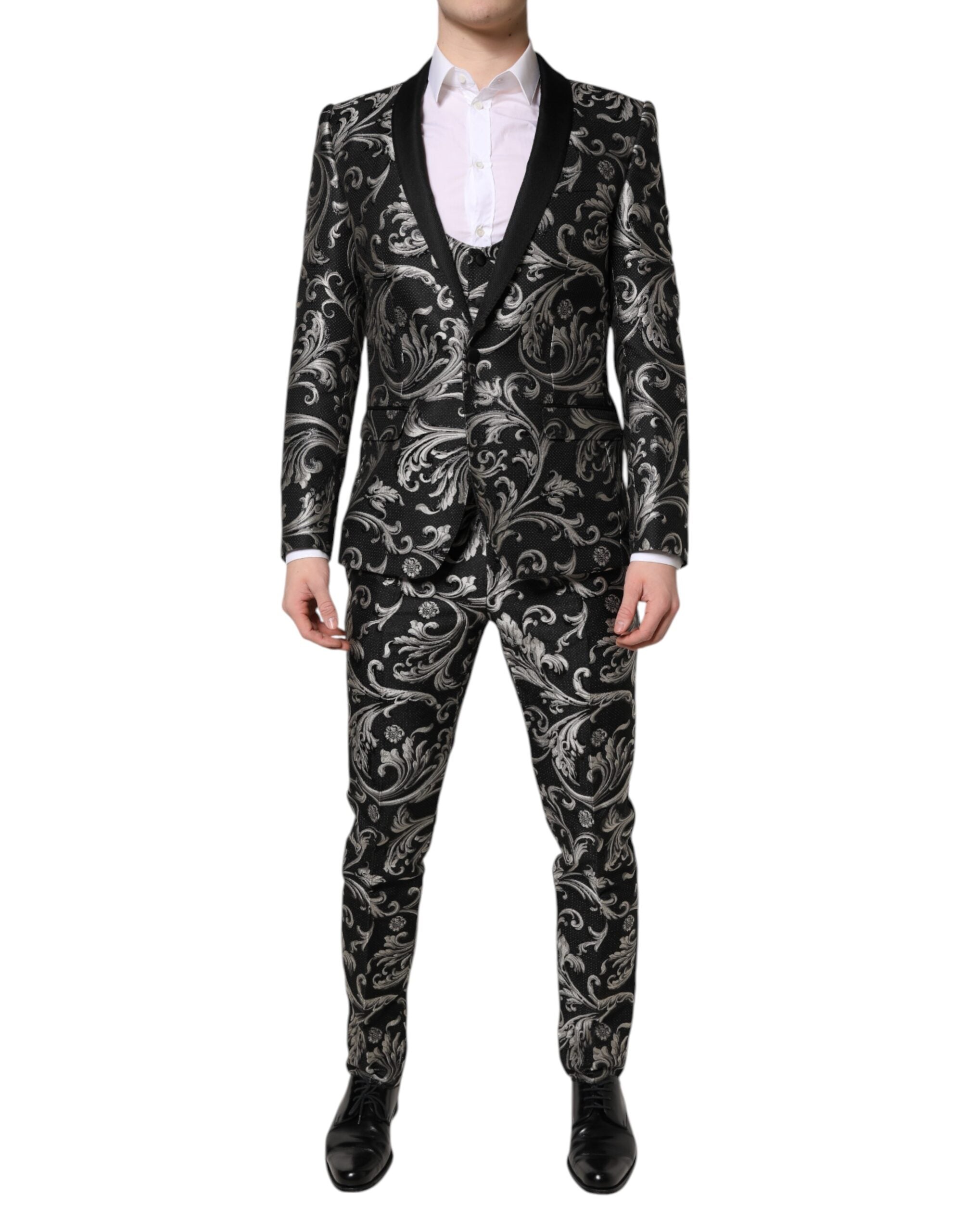 Costume trois pièces Dolce & Gabbana en jacquard noir et gris pour homme, élégant et sophistiqué.