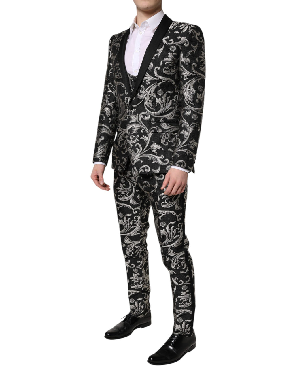 Costume trois pièces pour hommes Dolce & Gabbana en jacquard noir et gris Martini, élégant et sophistiqué.