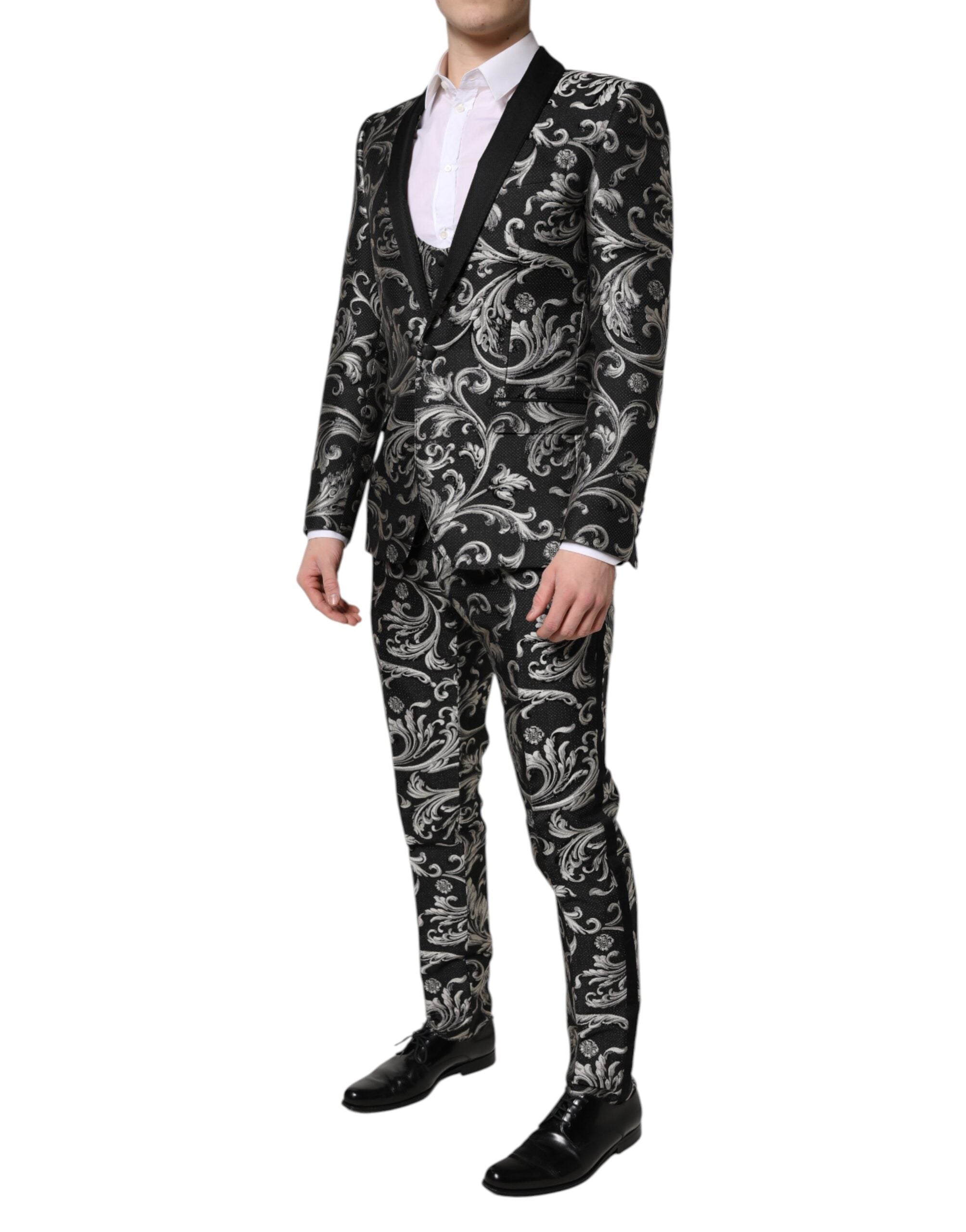 Costume trois pièces pour hommes Dolce & Gabbana en jacquard noir et gris Martini, élégant et sophistiqué.