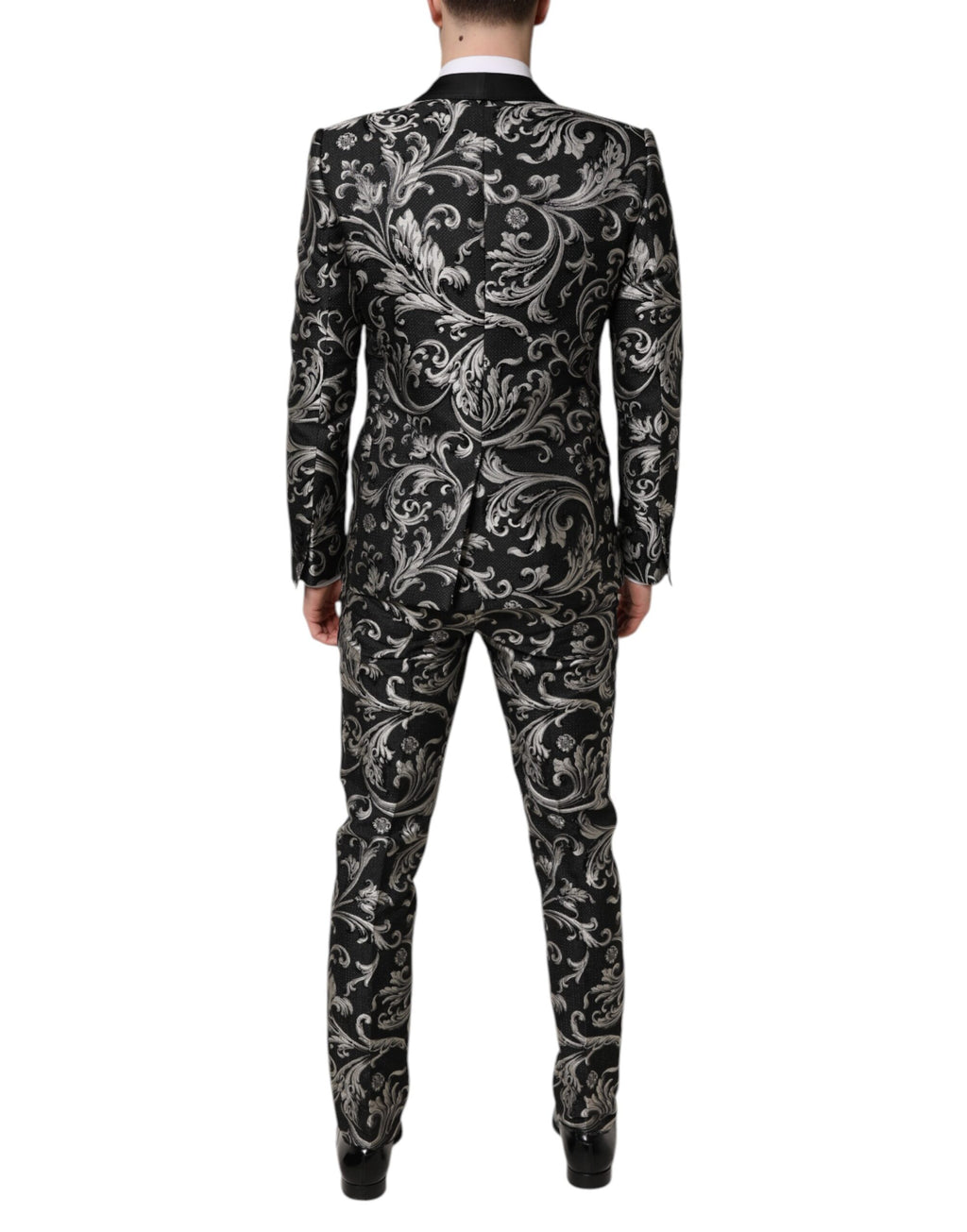 Costume homme trois pièces Dolce & Gabbana en jacquard noir et gris Martini, élégant et sophistiqué.