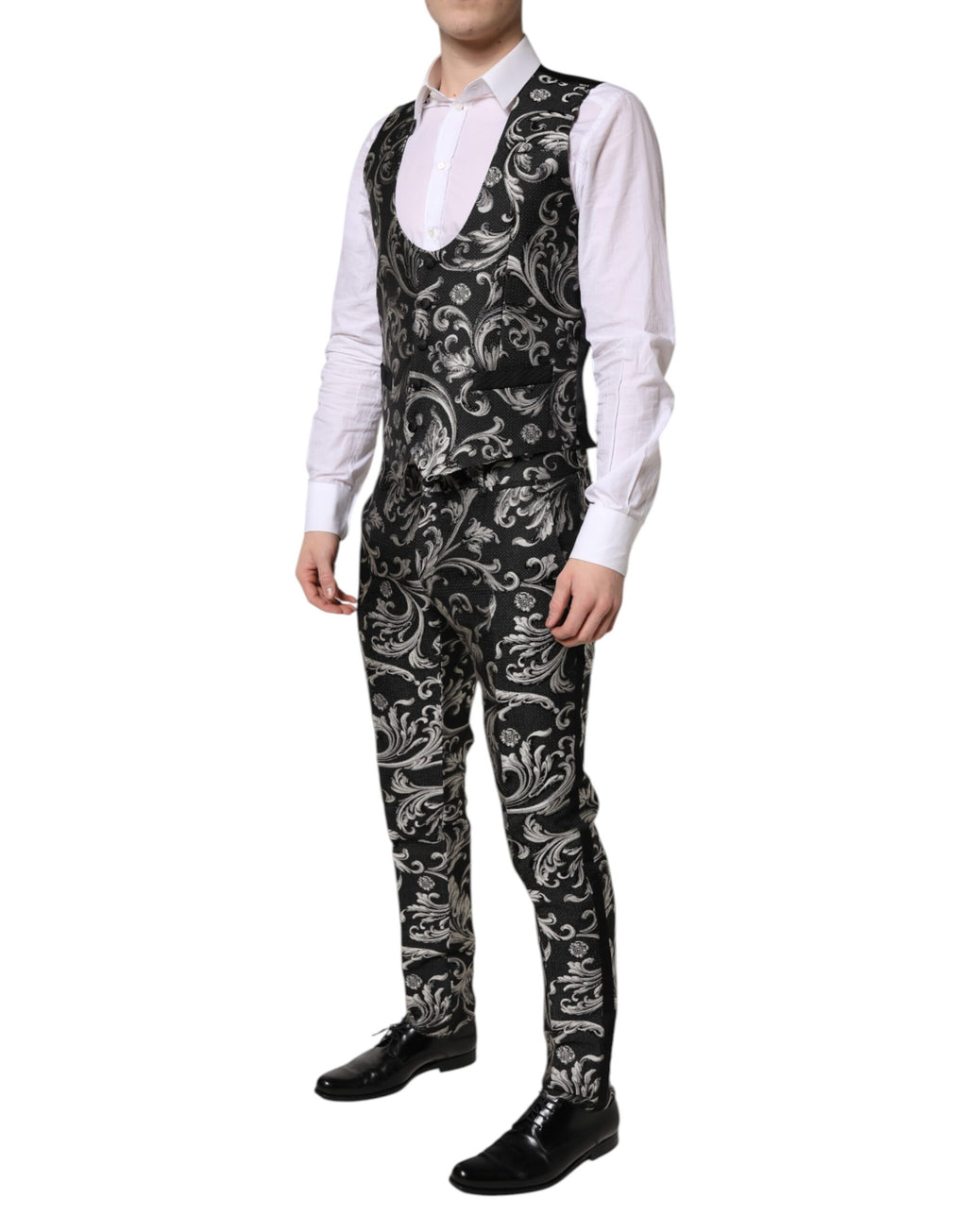 Costume homme Dolce & Gabbana en jacquard noir et gris, costume trois pièces élégant et sophistiqué.