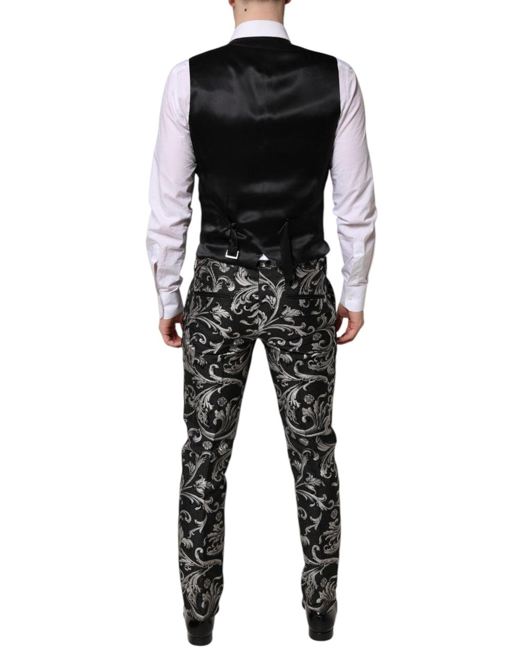 Costume trois pièces Dolce & Gabbana en jacquard noir et gris pour homme, élégant et sophistiqué.