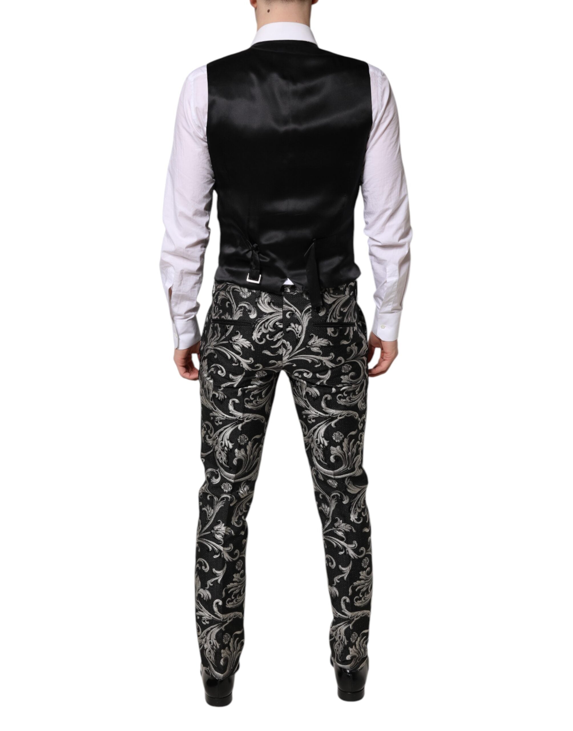 Costume trois pièces Dolce & Gabbana en jacquard noir et gris pour homme, élégant et sophistiqué.