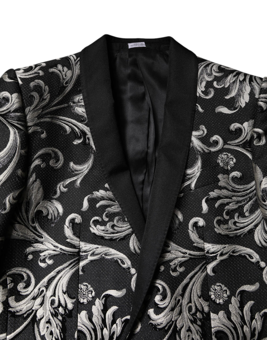 Costume trois pièces pour homme Dolce & Gabbana, tissu jacquard noir et gris Martini, style élégant et sophistiqué.