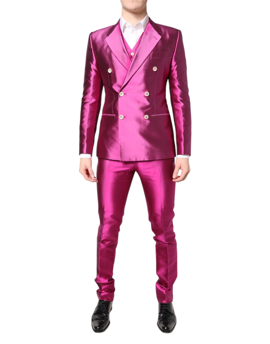 Costume trois pièces Dolce & Gabbana SICILIA rose à double boutonnage, vue détaillée du blazer, pantalon et gilet assortis.