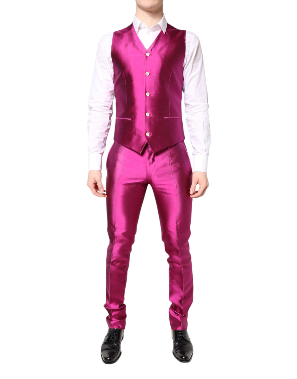 Costume trois pièces Dolce & Gabbana SICILIA rose à double boutonnage, veste élégante, pantalon et gilet assortis.