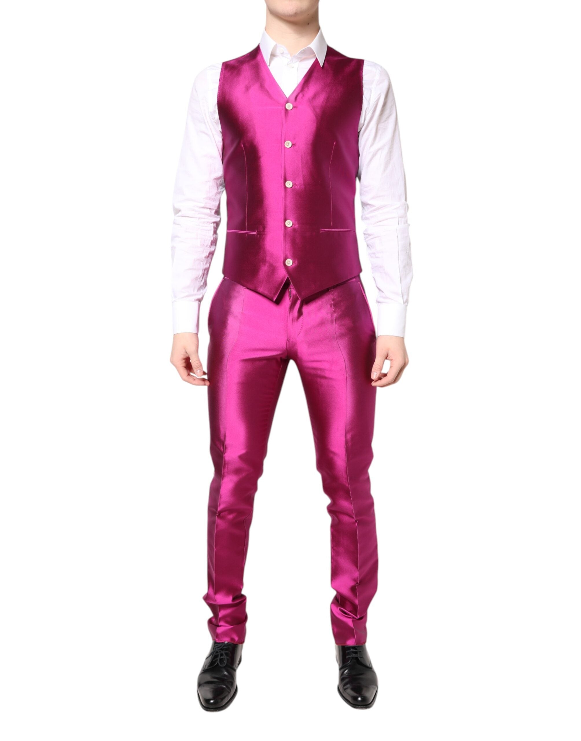 Costume trois pièces Dolce & Gabbana SICILIA rose à double boutonnage, veste élégante, pantalon et gilet assortis.