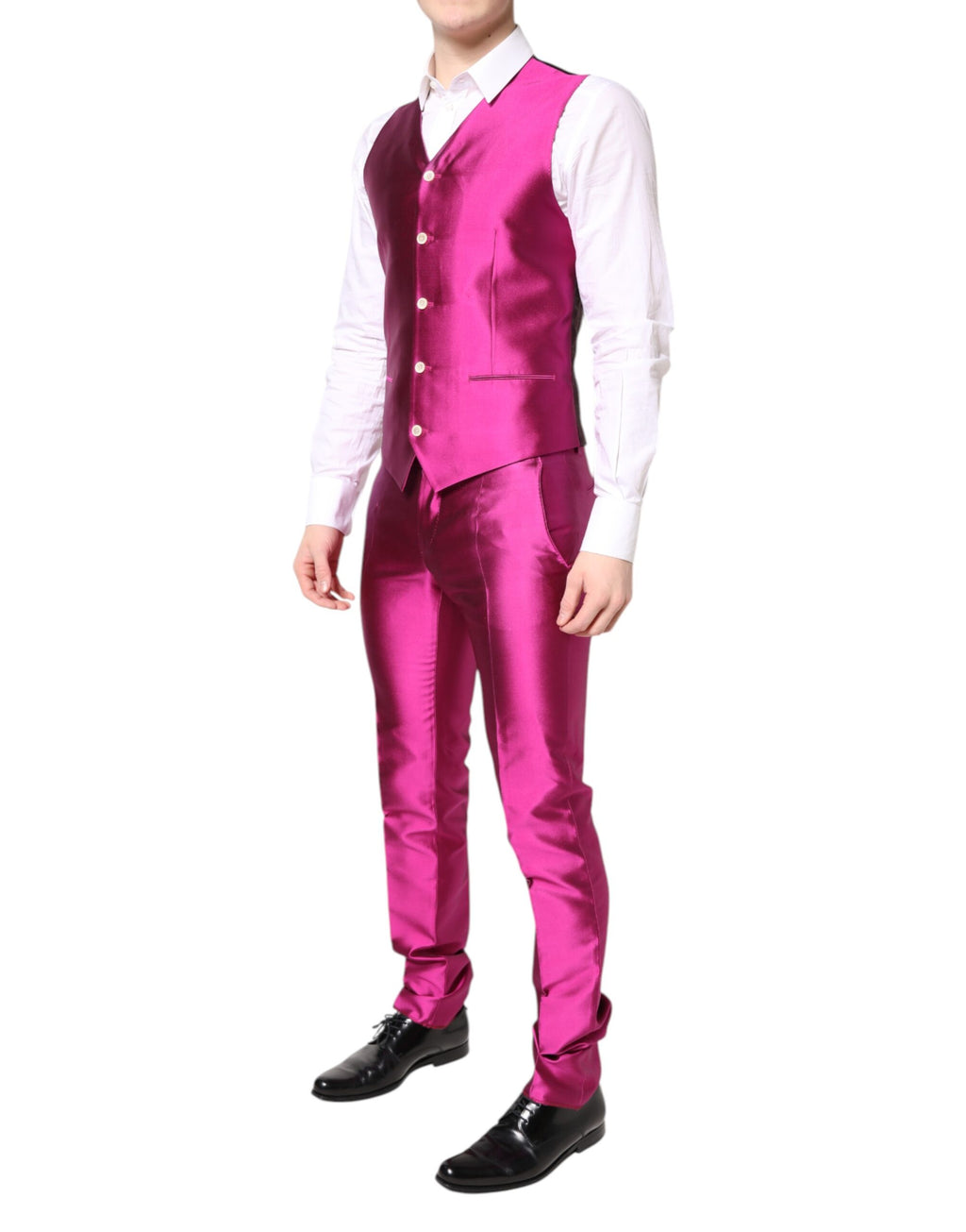 Costume trois pièces rose Dolce & Gabbana Sicilia à double boutonnage, vue détaillée du blazer, pantalon et veste.