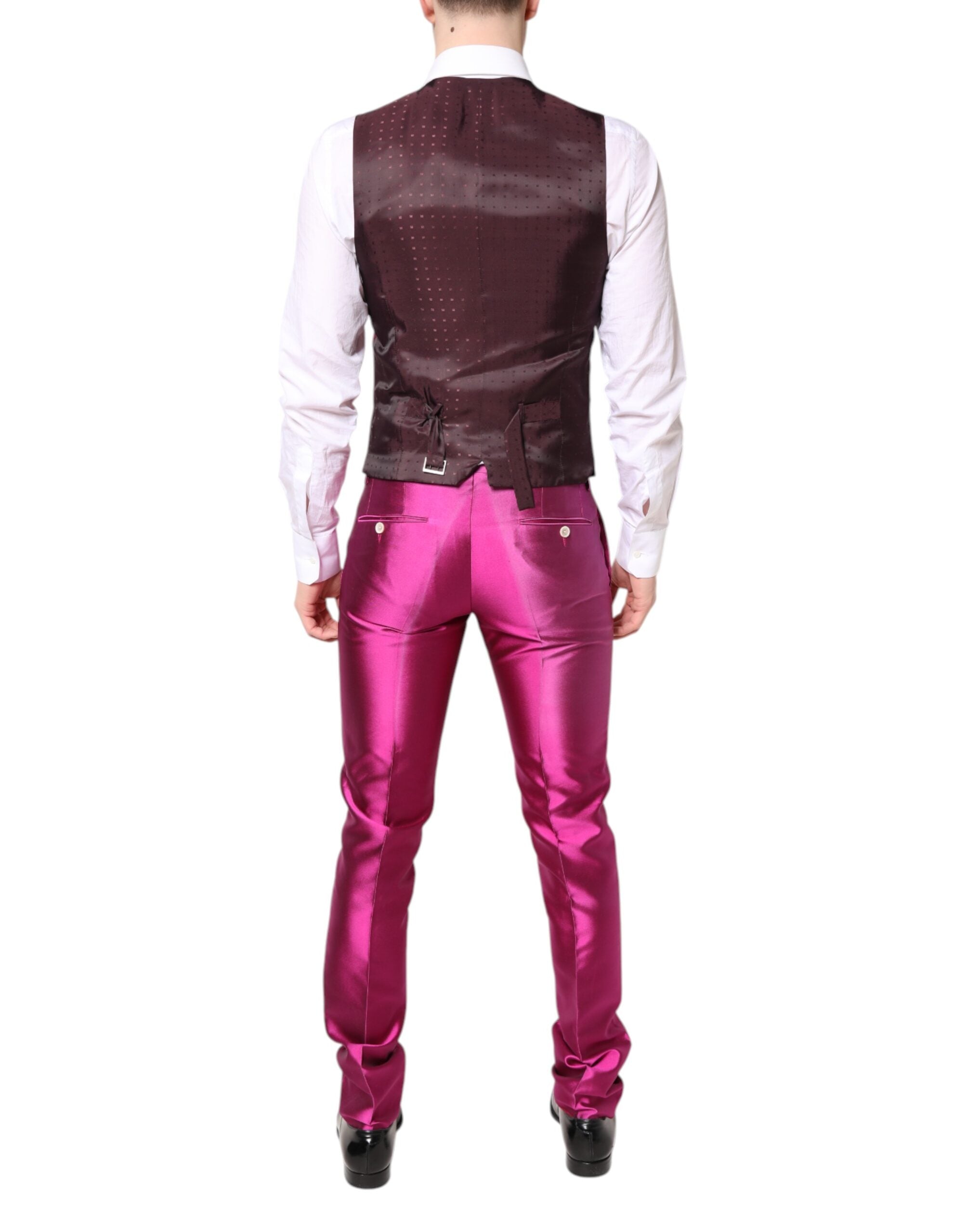 Costume trois pièces Dolce & Gabbana Sicilia rose à double boutonnage, veste, pantalon et gilet élégants.