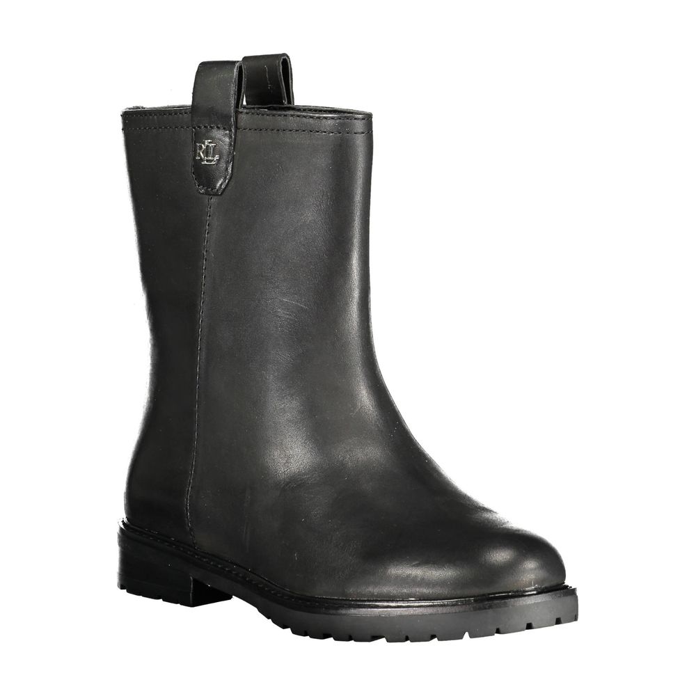 Bottines à talons pour femmes Ralph Lauren en cuir noir, semelle en caoutchouc, avec boucle décorative à l'arrière