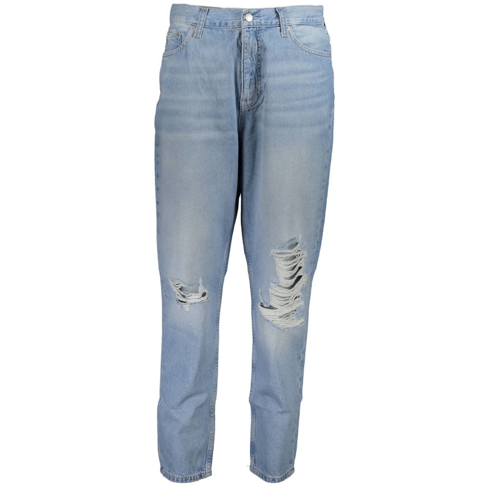 Jeans pour femme Calvin Klein Azzurro en coton, coupe classique, montrant la taille et la finition denim.