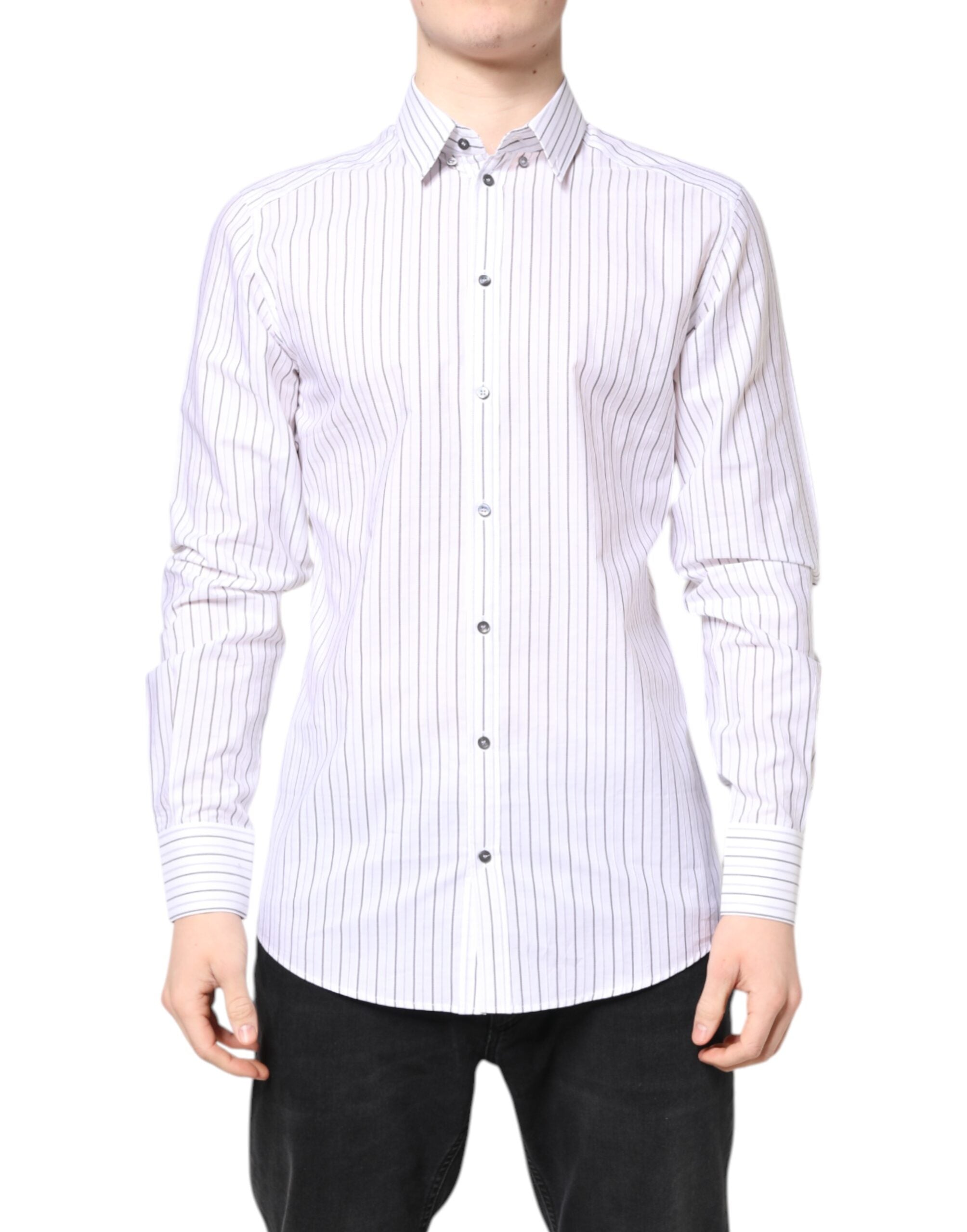 Chemise formelle blanche à rayures Dolce & Gabbana en coton avec détails dorés, vue de face.