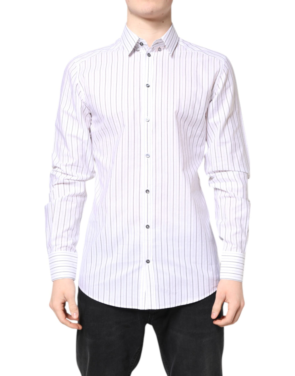 Chemise formelle en coton blanc à rayures dorées de Dolce & Gabbana, avec col classique et boutons devant.