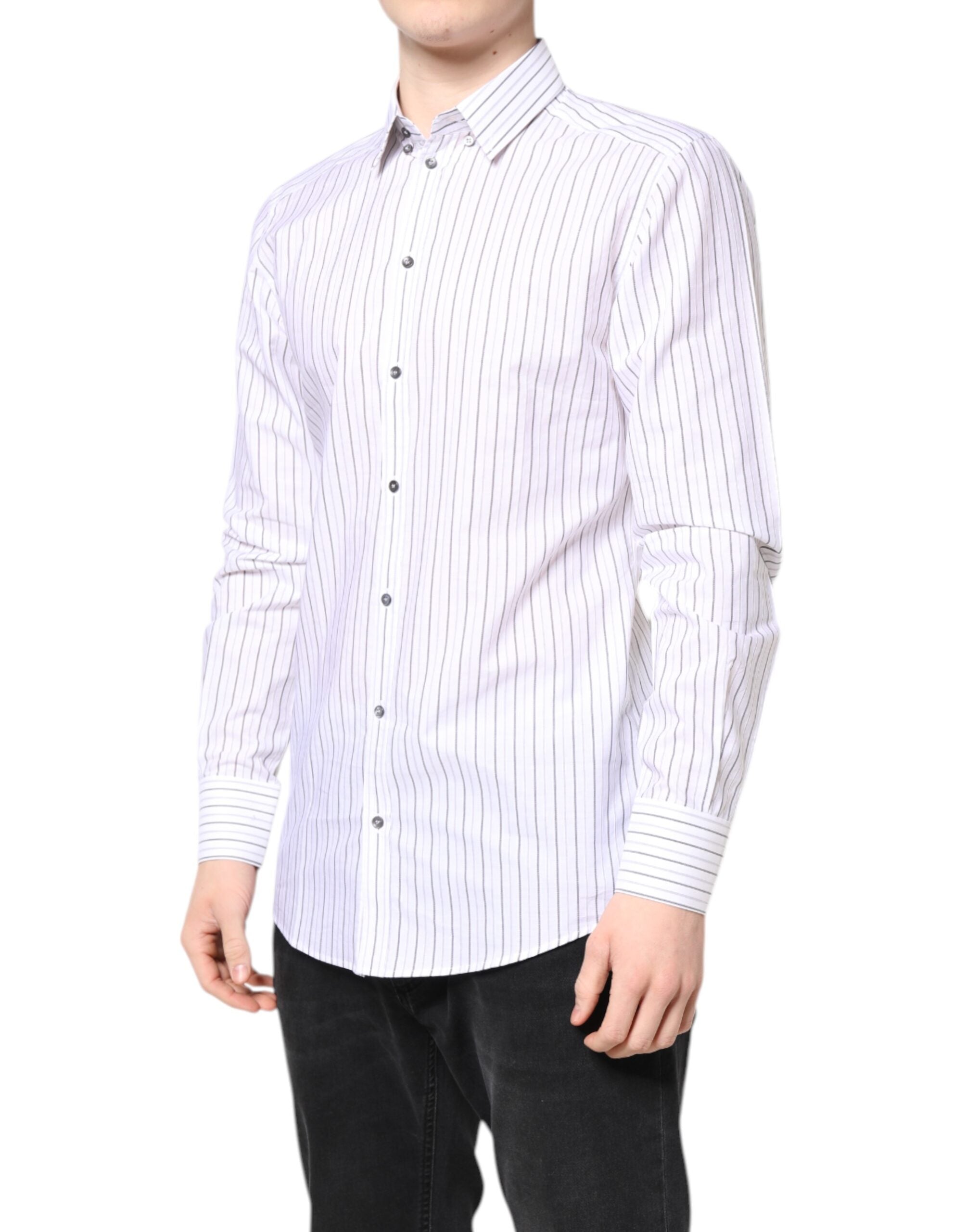 Chemise formelle en coton blanc à rayures dorées de Dolce & Gabbana, avec col classique et boutons devant.