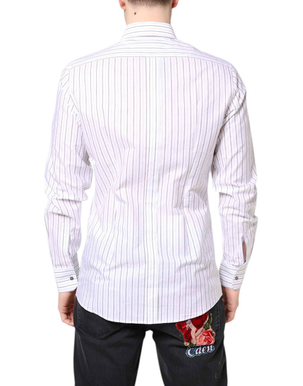 Chemise formelle en coton blanc à rayures Dolce & Gabbana avec détails dorés, vue de face.