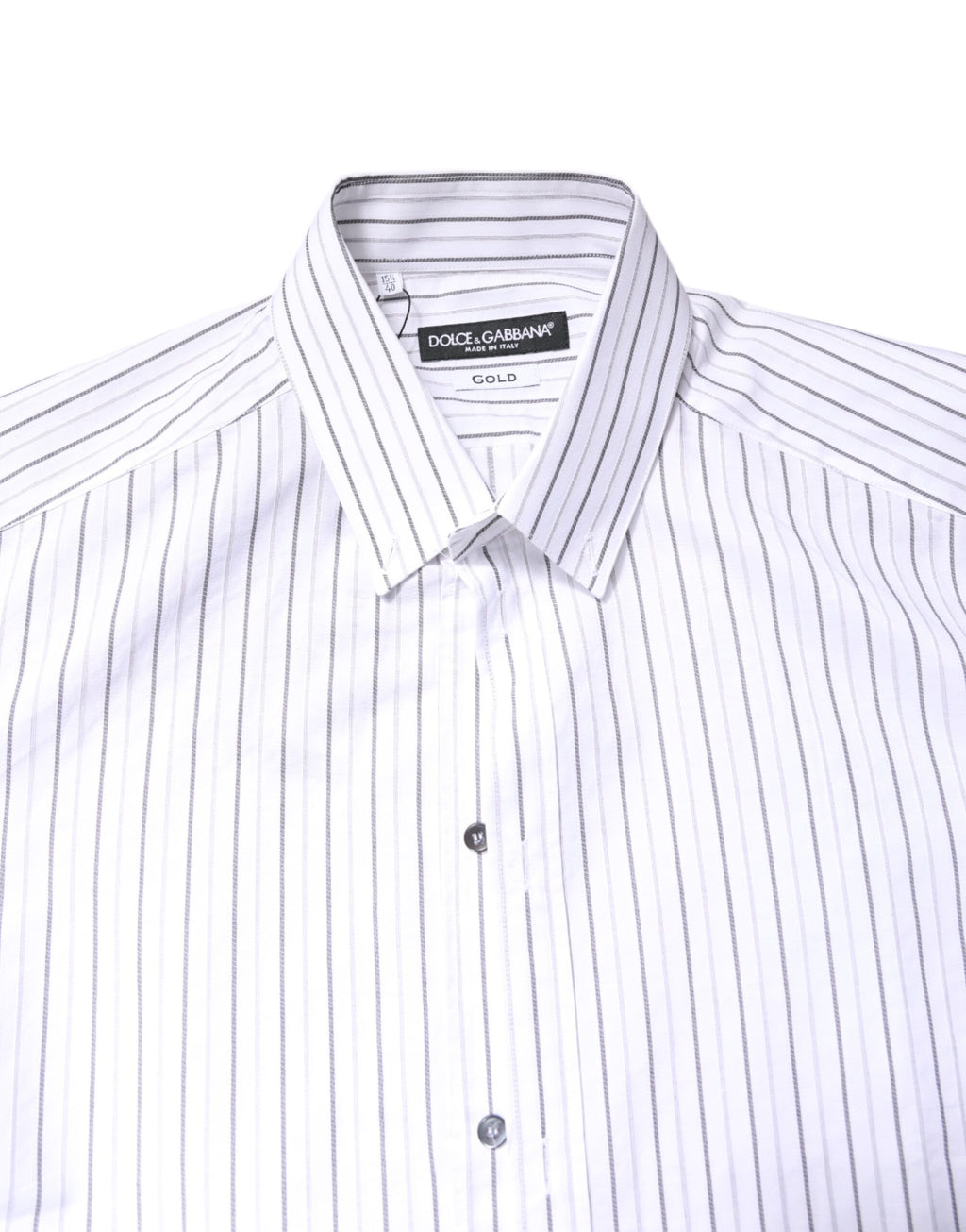 Chemise formelle en coton blanc avec rayures Dolce & Gabbana, manche longue et détails dorés.