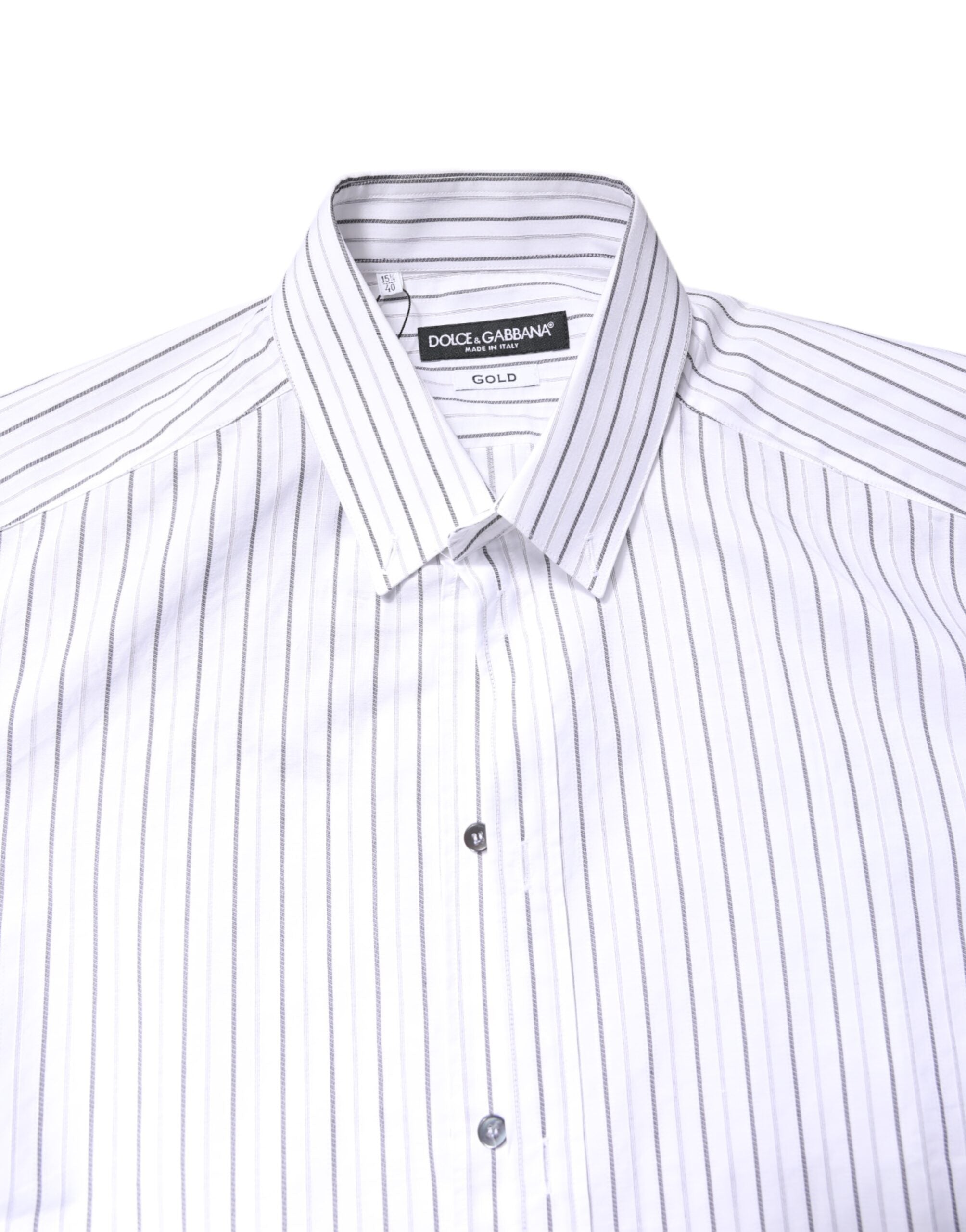 Chemise formelle en coton blanc avec rayures Dolce & Gabbana, manche longue et détails dorés.