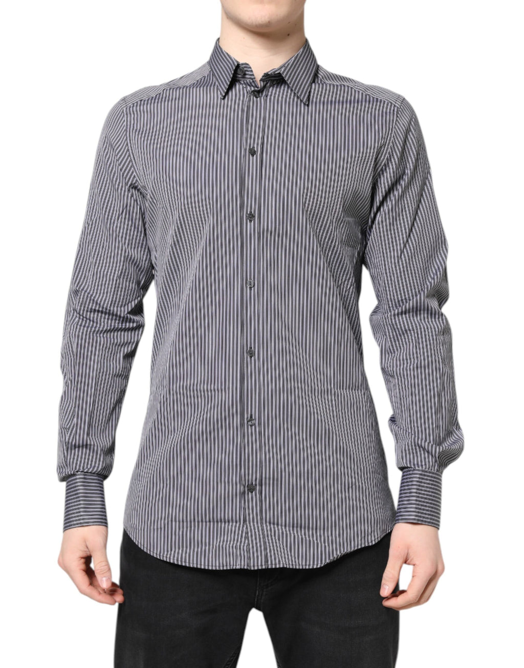 Chemise formelle Dolce & Gabbana à rayures noires et blanches avec détails dorés, vue de face.