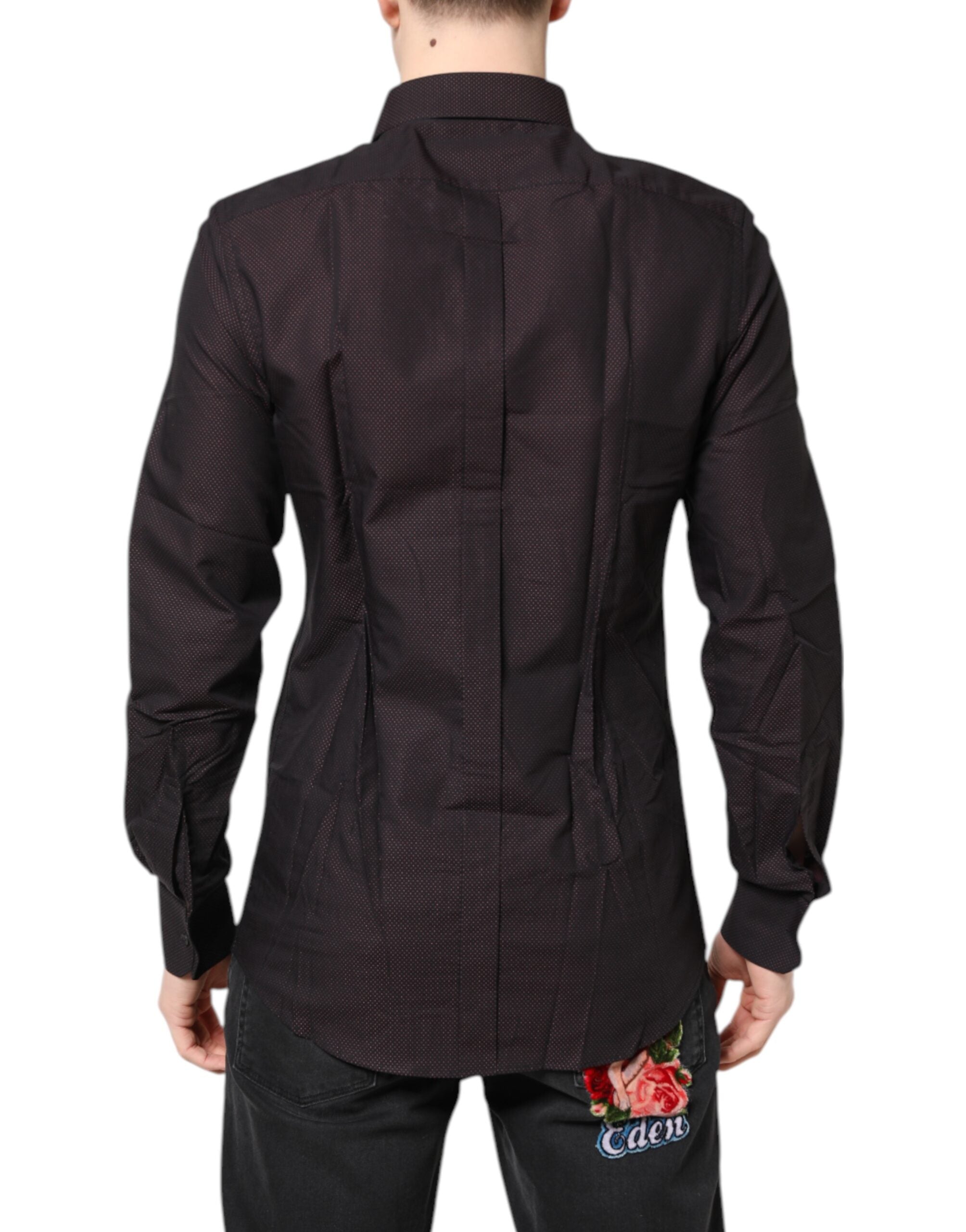 Chemise pour homme Dolce & Gabbana en coton jacquard marron avec motifs dorés, style élégant et raffiné.