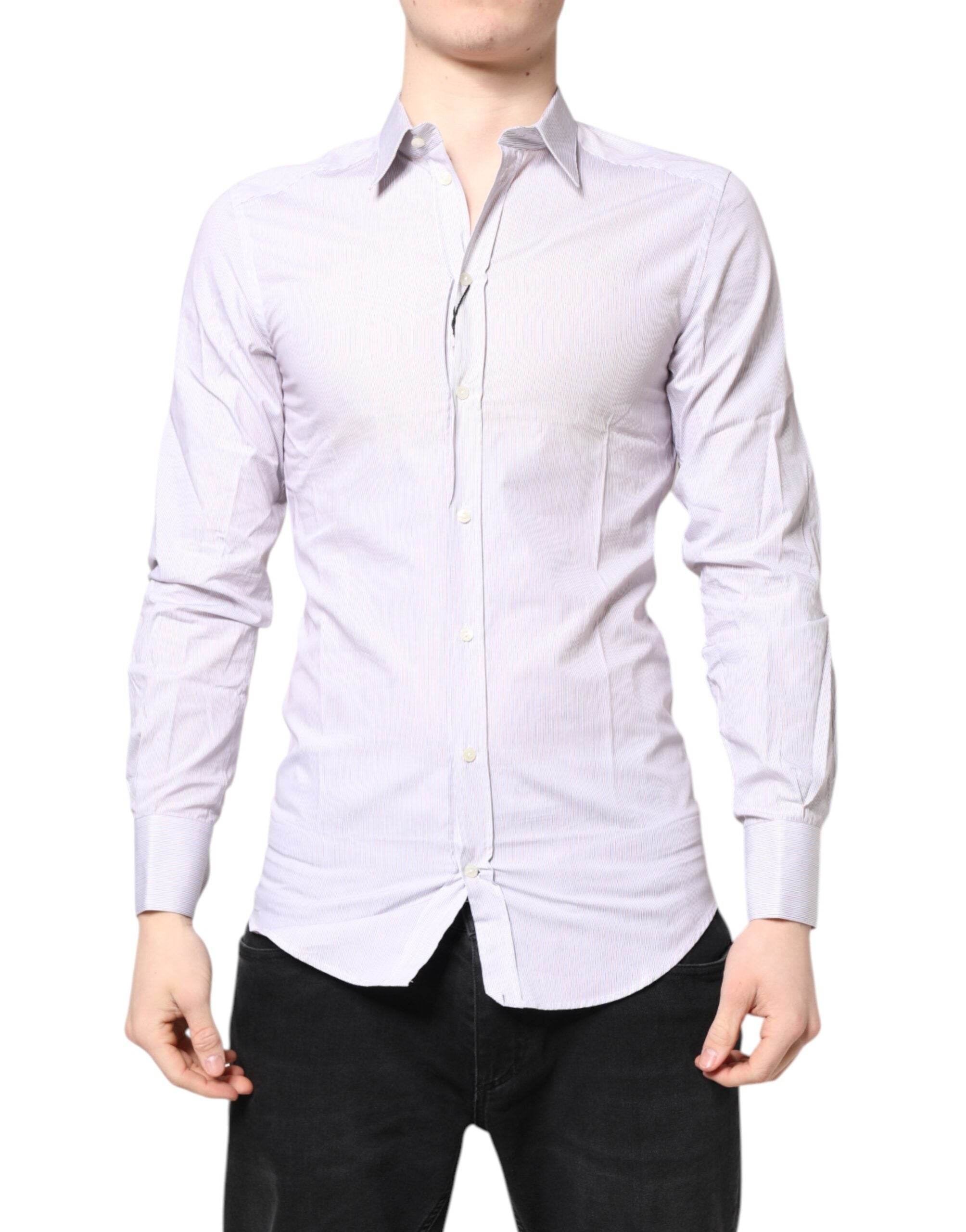 Chemise en coton blanc à rayures dorées de Dolce & Gabbana, manches longues élégantes et détails sophistiqués.