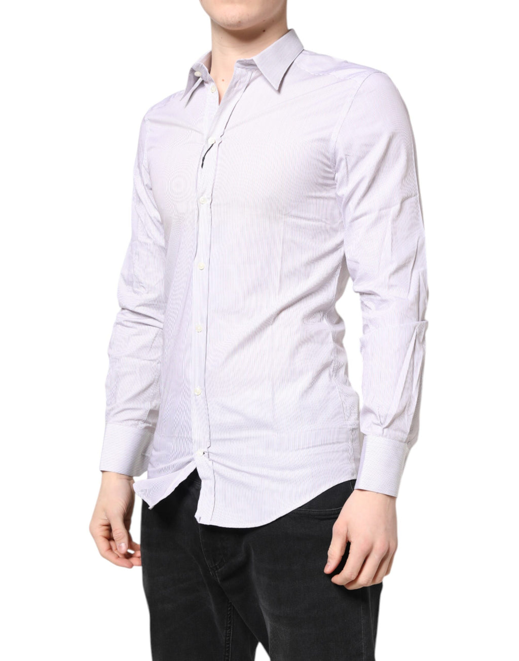 Chemise en coton blanc à rayures dorées de Dolce & Gabbana avec manches longues, élégante et sophistiquée.